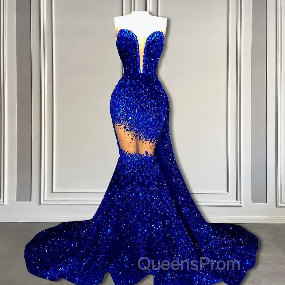 V-Neck Sequins Evening Prom Dress Mermaid Sleeveless Crystal.