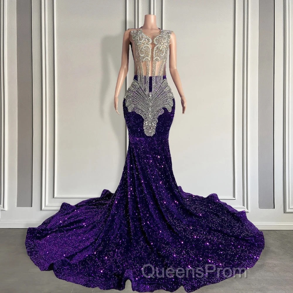 Sequined Sleeveless Mermaid Evening Prom Dress with Beadings