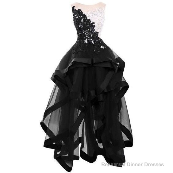 black lace appliques homecoming dresses elegant round collar sleeveless party dresses tulle high low homecoming dresses Main image