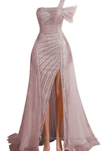 One-Shoulder Beading Sweep Train Backless Evening Dresses