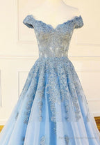 Blue Lace Off the Shoulder Prom Dresses, A-Line Evening Dresses