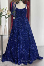 Red Sequin Square Neck Backless A-Line Long Evening Prom Gown