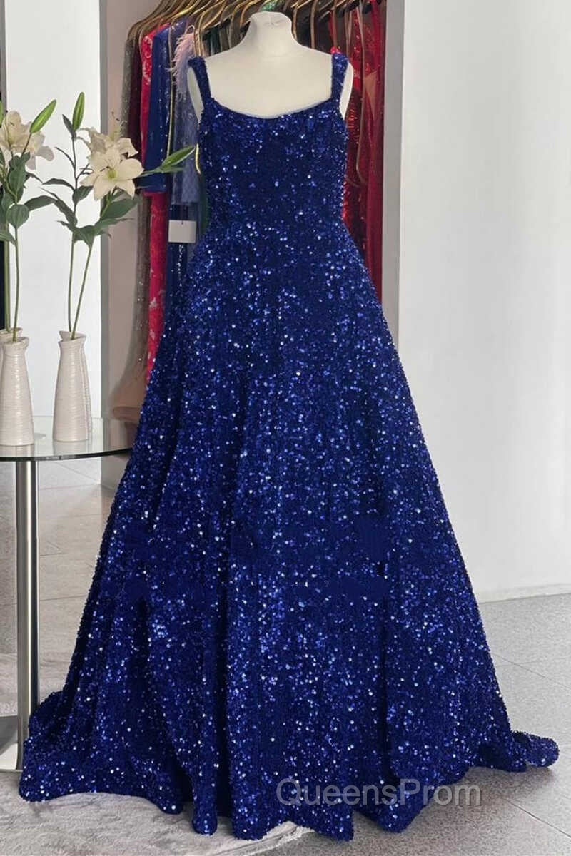 Red Sequin Square Neck Backless A-Line Long Evening Prom Gown