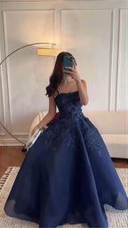 Dark Blue A-Line Classy Prom Dress Strapless Applique Classy Evening Dance Dress