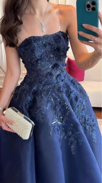 Dark Blue A-Line Classy Prom Dress Strapless Applique Classy Evening Dance Dress
