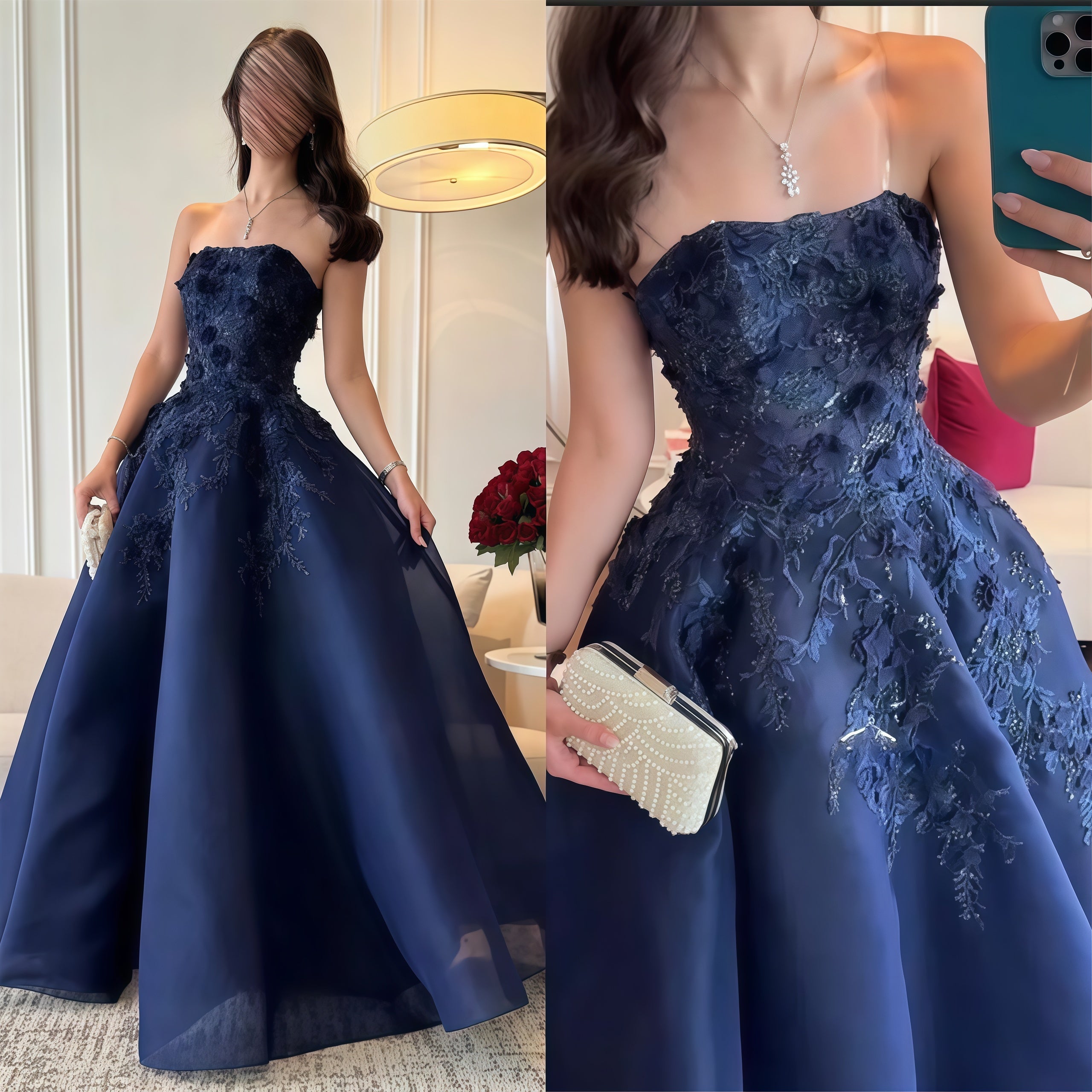 Dark Blue A-Line Classy Prom Dress Strapless Applique Classy Evening Dance Dress