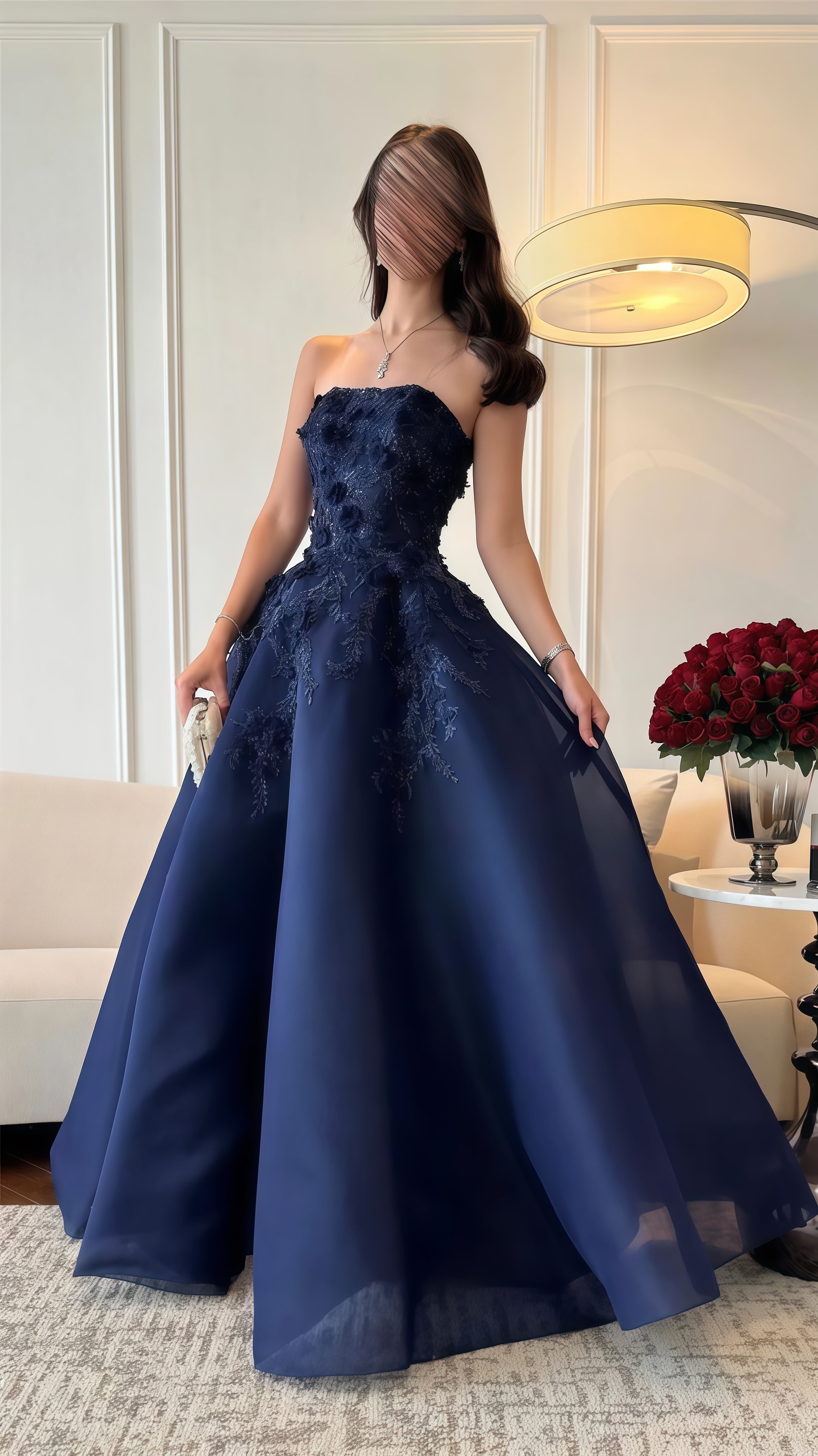 Dark Blue A-Line Classy Prom Dress Strapless Applique Classy Evening Dance Dress Main image