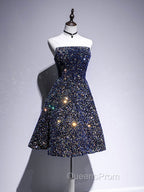 Dark Blue A-Line Sequin Lace Short Evening Prom Dress, Blue Homecoming Dress