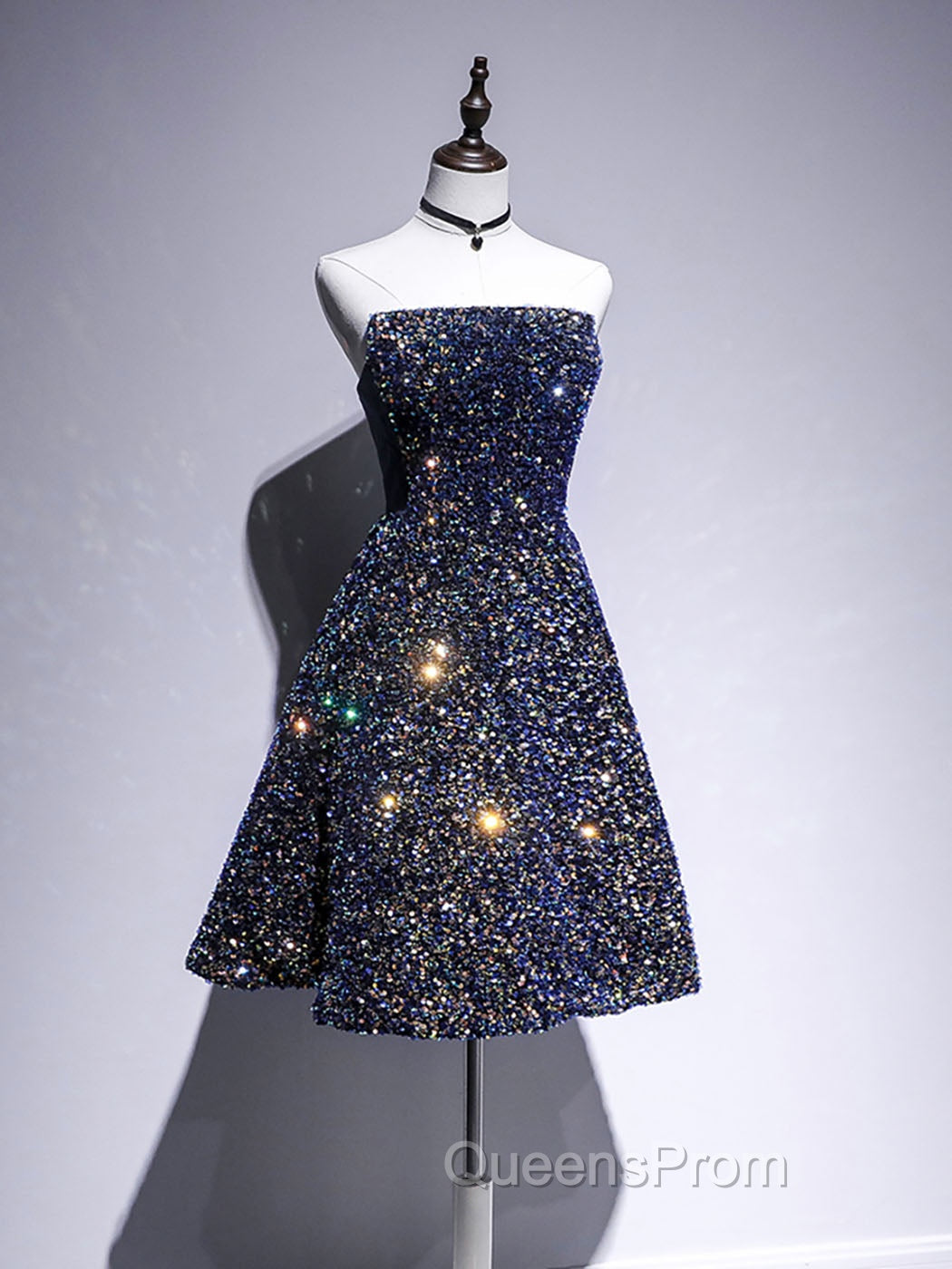 Dark Blue A-Line Sequin Lace Short Evening Prom Dress, Blue Homecoming Dress