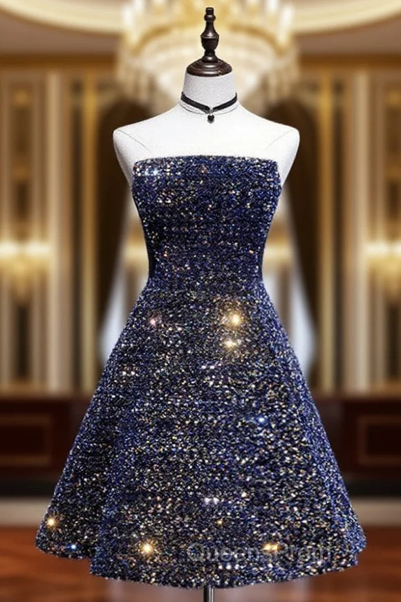 Dark Blue A-Line Sequin Lace Short Evening Prom Dress, Blue Homecoming Dress Main image