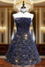 Dark Blue A-Line Sequin Lace Short Evening Prom Dress, Blue Homecoming Dress