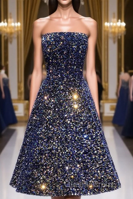 Dark Blue A-Line Sequin Lace Short Evening Prom Dress, Cute Blue Homecoming Dress Main image