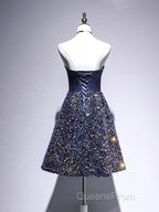 Dark Blue A-Line Sequin Lace Short Evening Prom Dress, Cute Blue Homecoming Dress