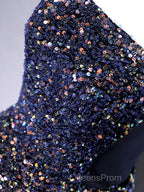 Dark Blue A-Line Sequin Lace Short Evening Prom Dress, Cute Blue Homecoming Dress