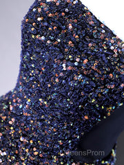 Dark Blue A-Line Sequin Lace Short Evening Prom Dress, Cute Blue Homecoming Dress