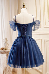 Dark Blue A-Line Short Evening Prom Dress, Dark Blue Homecoming Dress
