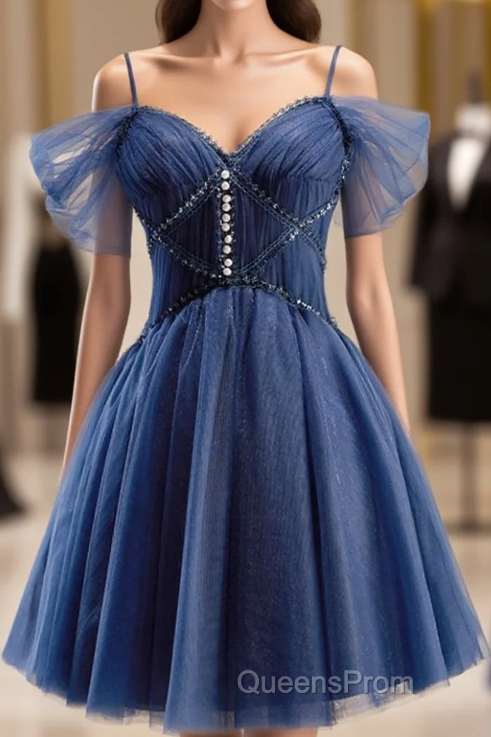 Dark Blue A-Line Short Evening Prom Dress, Dark Blue Homecoming Dress Main image