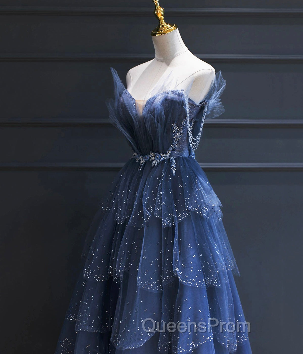 Dark Blue A Line Strapless Beaded Tulle Long Senior Evening Prom Dress Evening Party Dress Secondary image