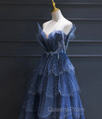 Dark Blue A Line Strapless Beaded Tulle Long Senior Evening Prom Dress Evening Party Dress