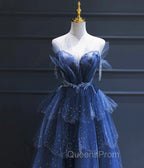 Dark Blue A Line Strapless Beaded Tulle Long Senior Evening Prom Dress Evening Party Dress