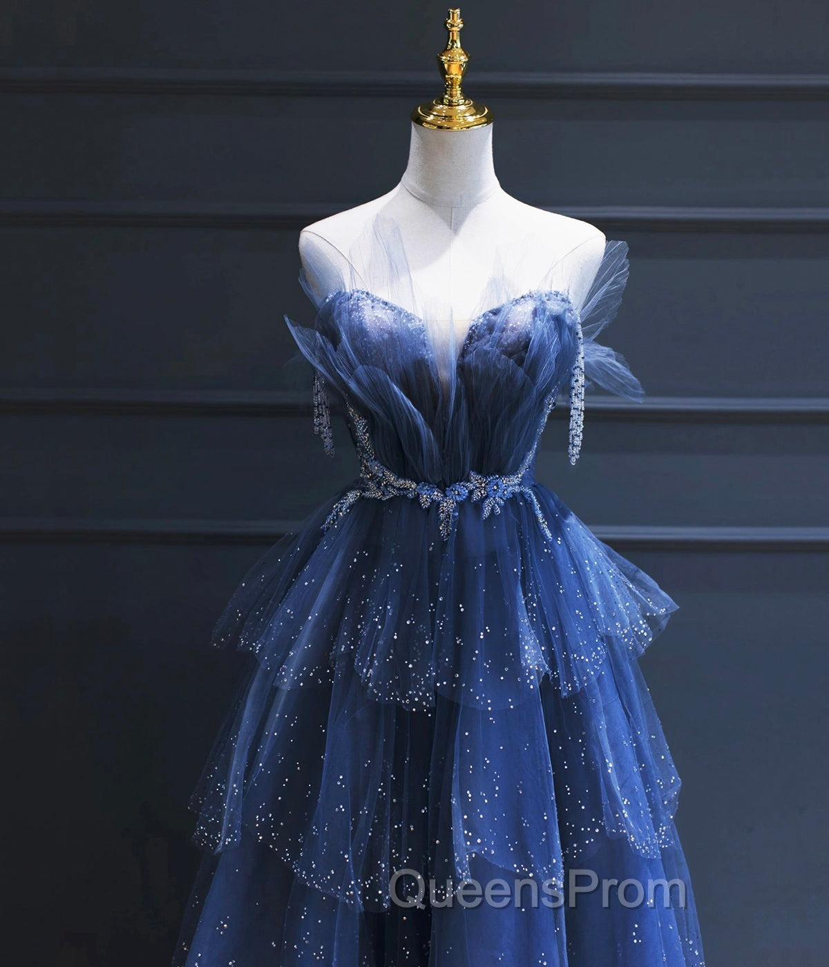 Dark Blue A Line Strapless Beaded Tulle Long Senior Evening Prom Dress Evening Party Dress