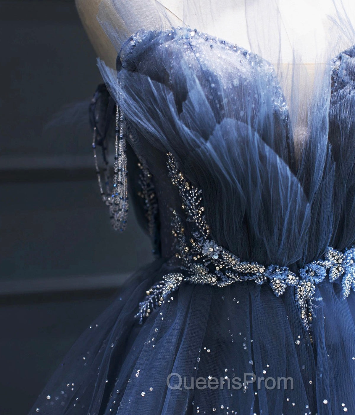 Dark Blue A Line Strapless Beaded Tulle Long Senior Evening Prom Dress Evening Party Dress