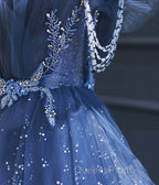Dark Blue A Line Strapless Beaded Tulle Long Senior Evening Prom Dress Evening Party Dress