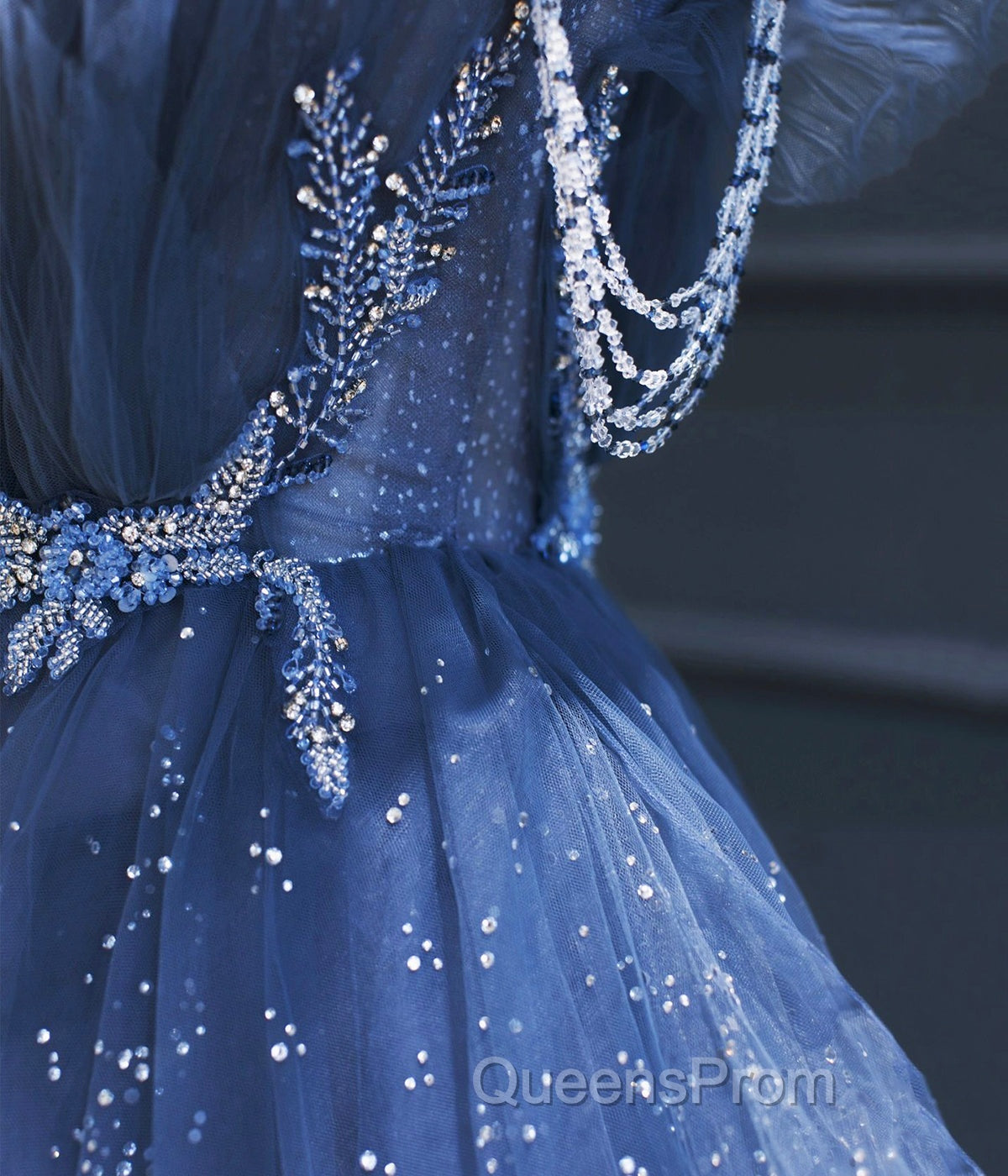 Dark Blue A Line Strapless Beaded Tulle Long Senior Evening Prom Dress Evening Party Dress