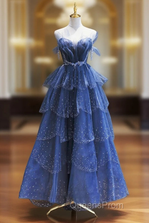 Dark Blue A Line Strapless Beaded Tulle Long Senior Evening Prom Dress Evening Party Dress Main image