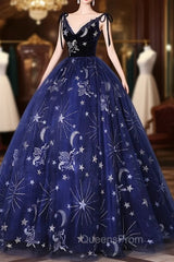 Dark Blue A-Line Tulle Lace Long Evening Prom Dress, Dark Blue Long Evening Dress