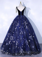 Dark Blue A-Line Tulle Lace Long Evening Prom Dress, Dark Blue Long Evening Dress