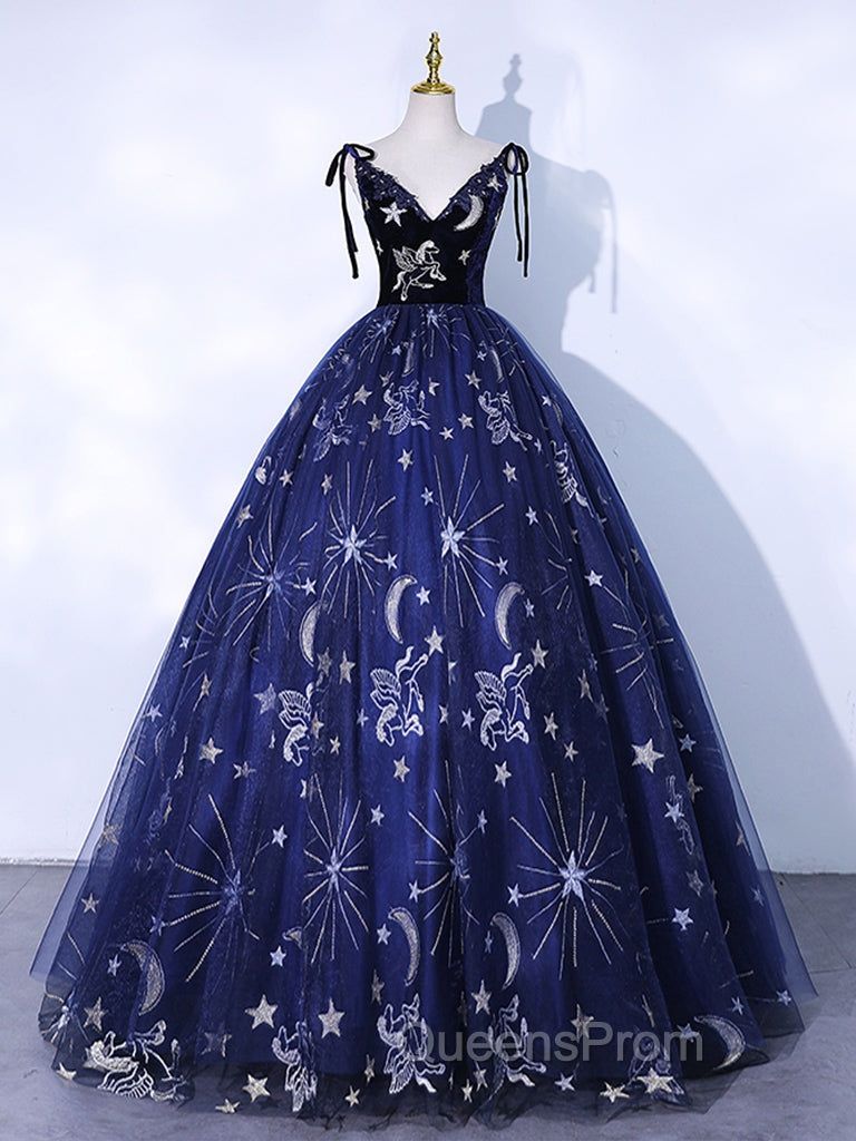 Dark Blue A-Line Tulle Lace Long Evening Prom Dress, Dark Blue Long Evening Dress Main image