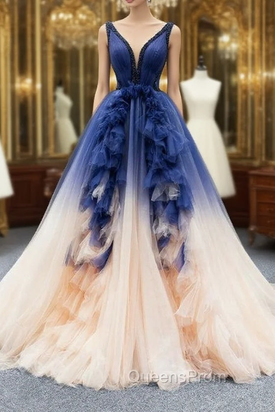 Dark Blue And Champagne Tulle V-neck Backless Beading Evening Prom Dress Main image