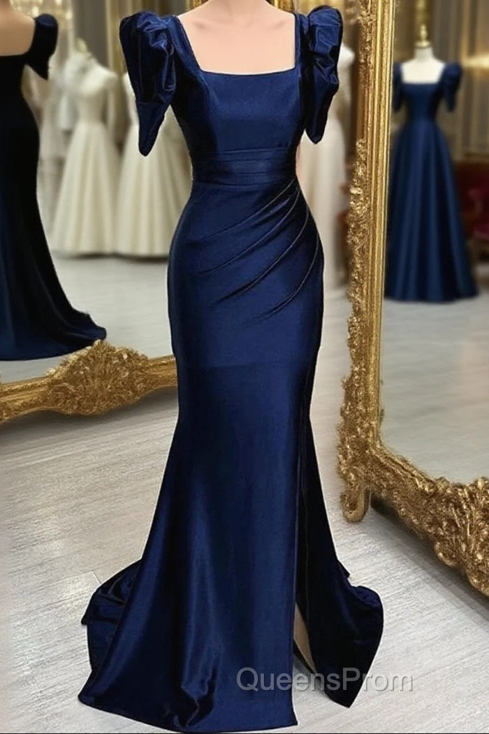 Dark Blue Blue Long Mermaid Evening Prom Dress With Slit, Dark Blue Party Dress Main image