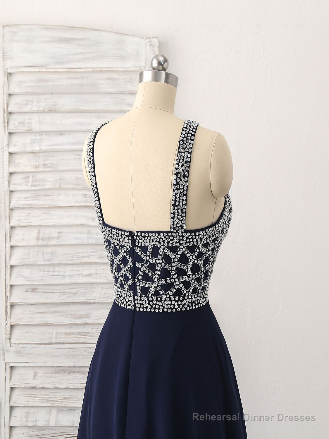 Dark Blue Chiffon Beads Long Prom Dress, Blue Evening Dress