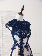 Dark Blue Lace Tulle High Low Prom Dress Blue Bridesmaid Dress