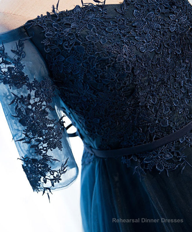 Dark Blue Lace Tulle Long Prom Dress, Lace Evening Dress Secondary image