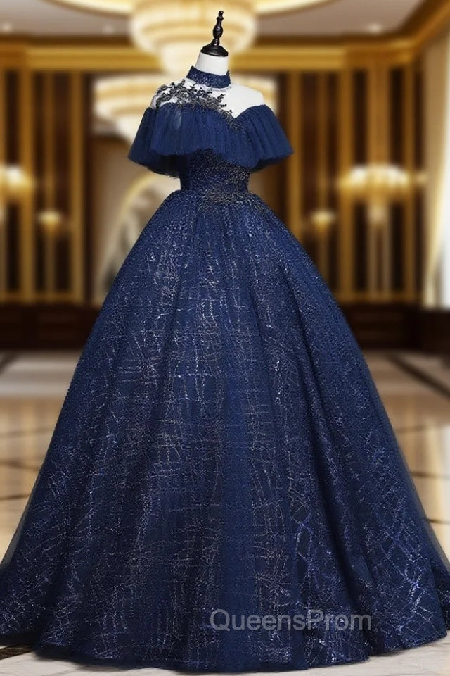 Dark Blue Long Evening Prom Dress, Blue Tulle Evening Gown Graduation Dress Main image