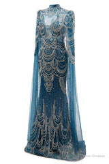 Dark Blue Mermaid Prom Dresses Beading Tulle Women Luxury Evening Dresses High Neck Long Sleeves