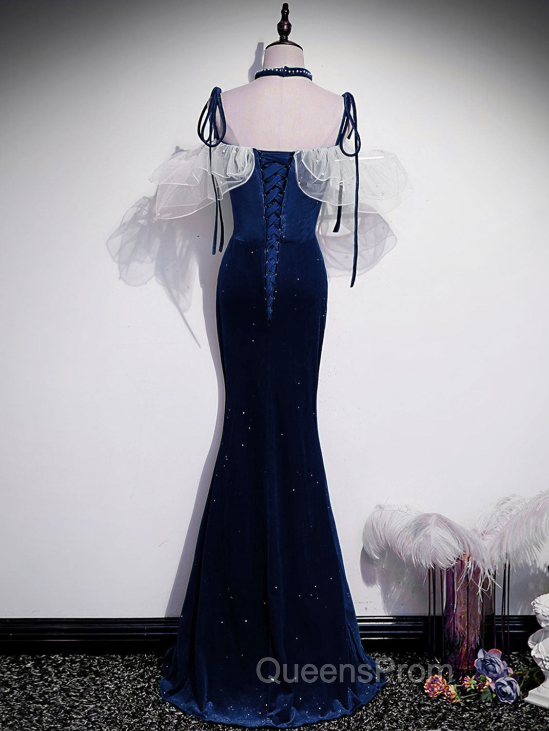 Dark Blue Mermaid Velvet Long Evening Prom Dress, Blue Evening Dress