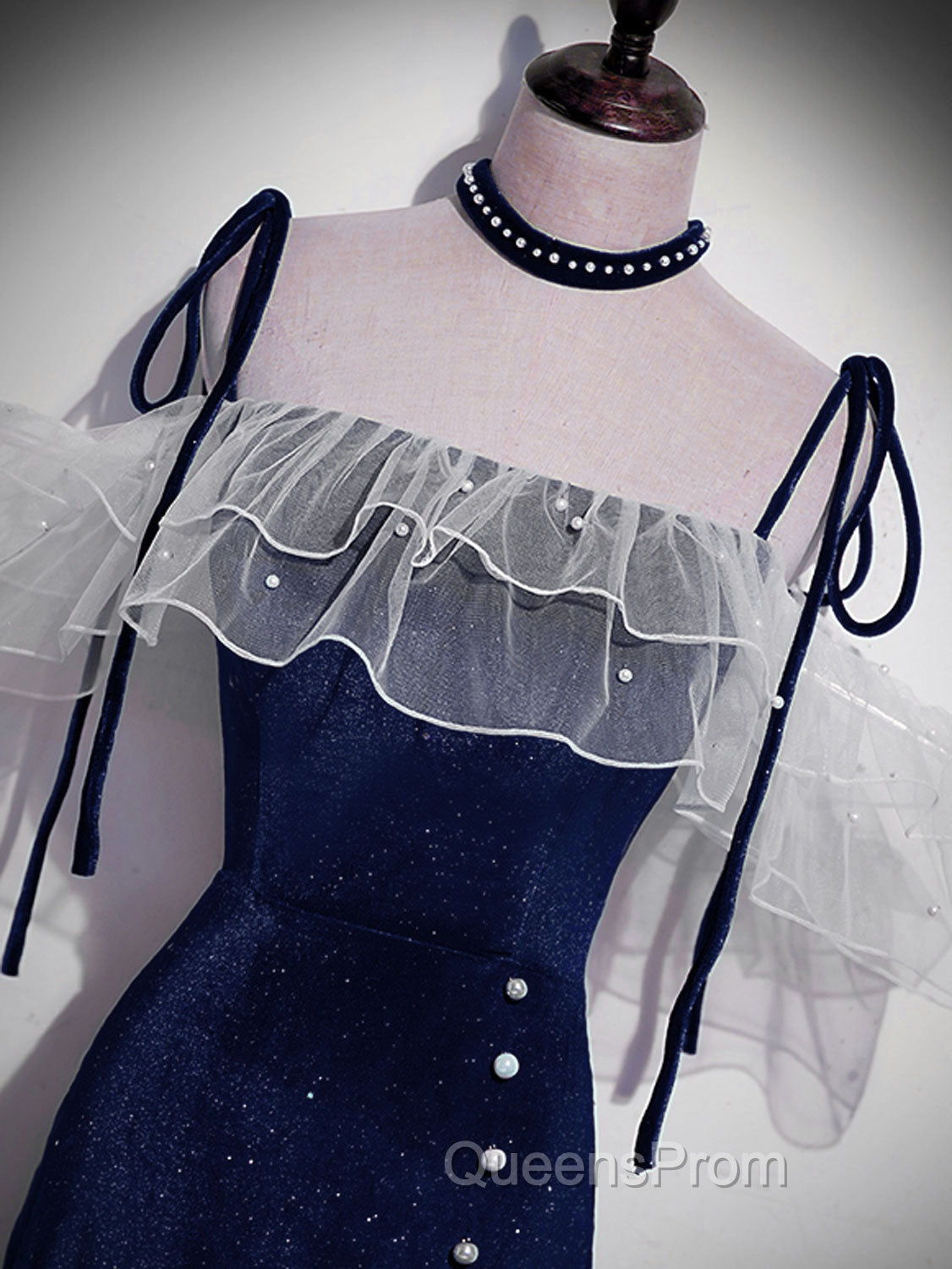 Dark Blue Mermaid Velvet Long Evening Prom Dress, Blue Evening Dress