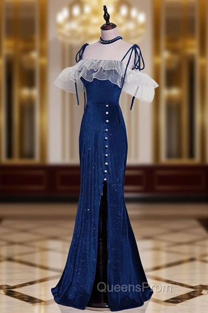 Dark Blue Mermaid Velvet Long Evening Prom Dress, Blue Evening Dress