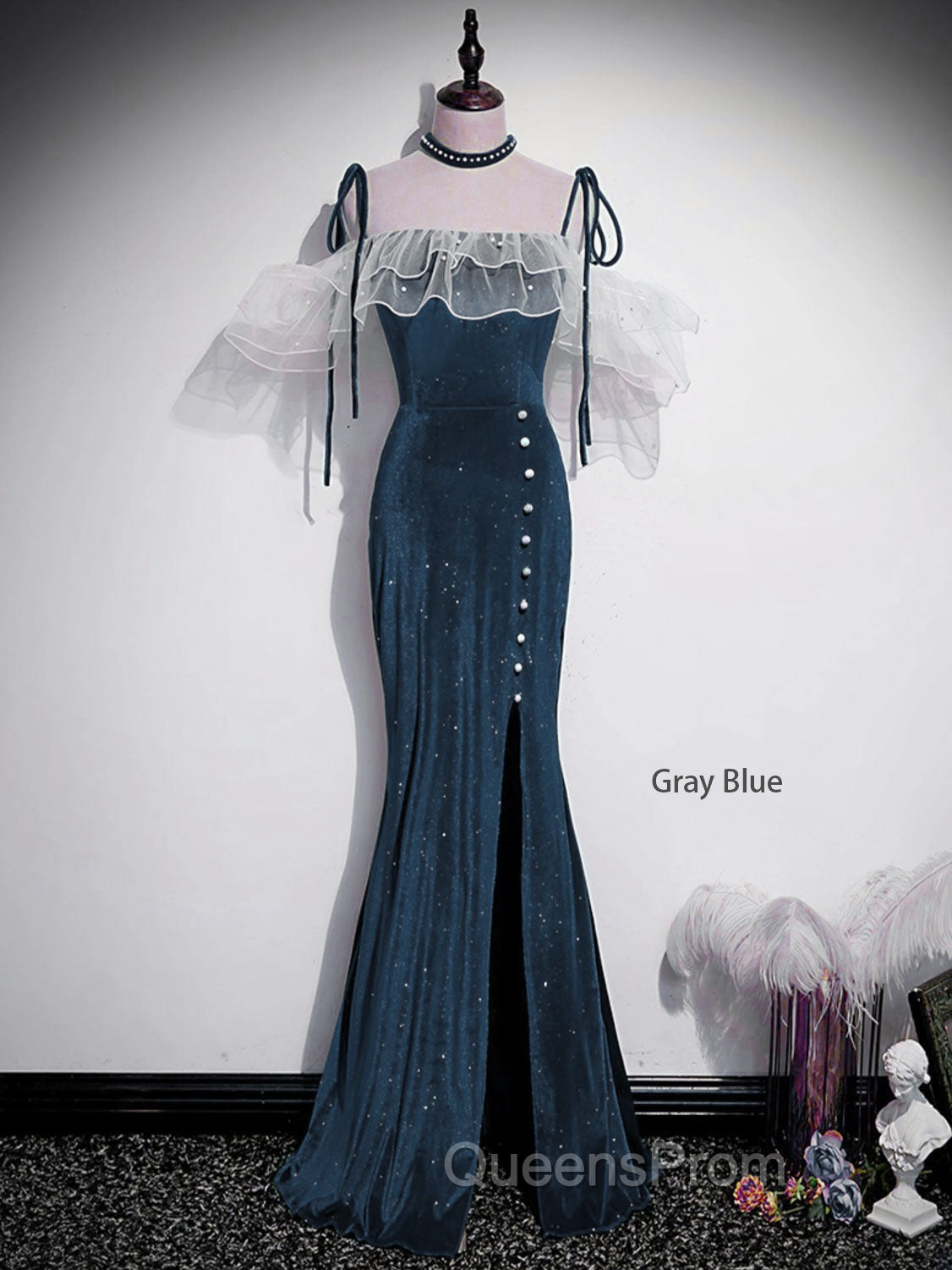 Dark Blue Mermaid Velvet Long Evening Prom Dress, Blue Evening Dress