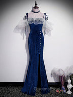 Dark Blue Mermaid Velvet Long Evening Prom Dress, Blue Evening Dress