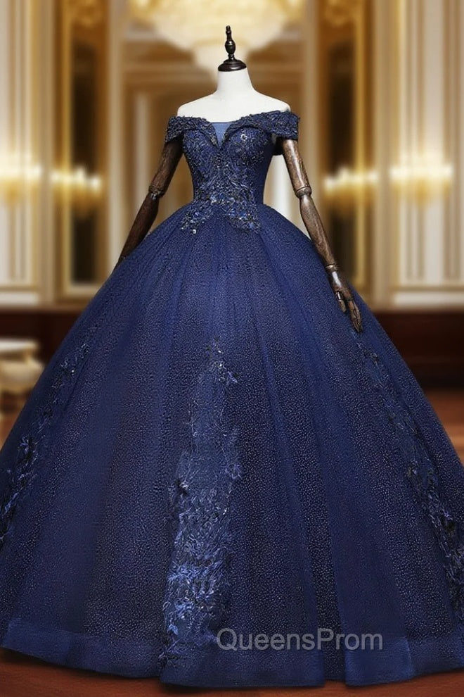 Dark Blue Off Shoulder Tulle Lace Long Evening Prom Gown, Blue Sweet 16 Dress With Beading Sequin Main image