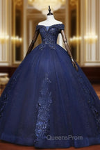 Dark Blue Off Shoulder Tulle Lace Long Evening Prom Gown, Blue Sweet 16 Dress With Beading Sequin