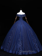 Dark Blue Off Shoulder Tulle Lace Long Evening Prom Gown, Blue Sweet 16 Dress With Beading Sequin