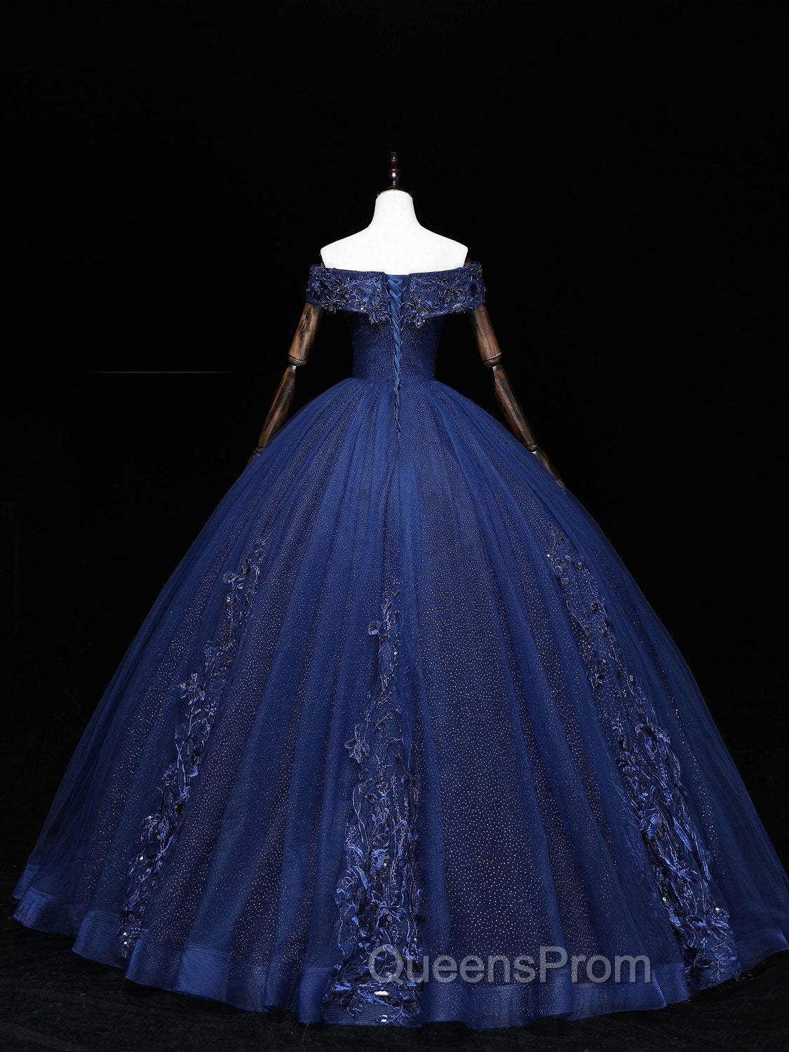 Dark Blue Off Shoulder Tulle Lace Long Evening Prom Gown, Blue Sweet 16 Dress With Beading Sequin