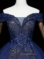 Dark Blue Off Shoulder Tulle Lace Long Evening Prom Gown, Blue Sweet 16 Dress With Beading Sequin