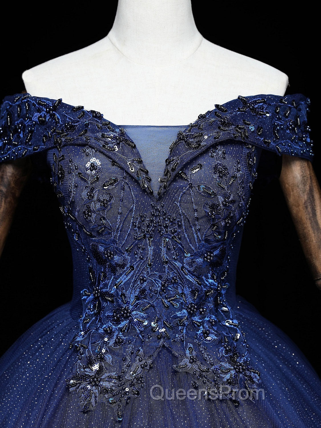Dark Blue Off Shoulder Tulle Lace Long Evening Prom Gown, Blue Sweet 16 Dress With Beading Sequin